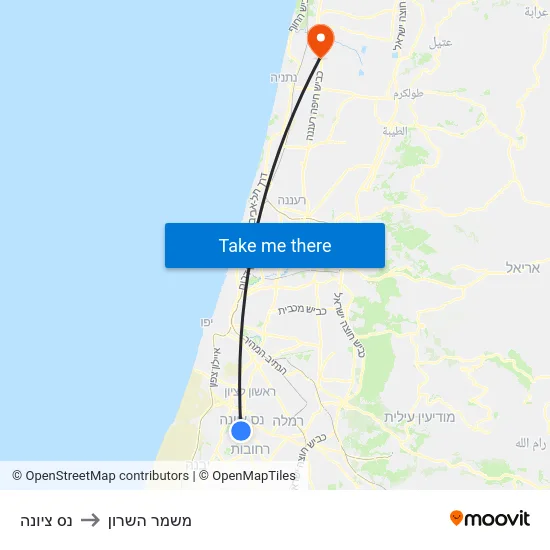 נס ציונה to משמר השרון map