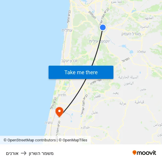 אורנים to משמר השרון map