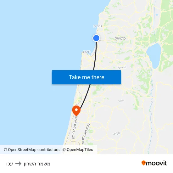 עכו to משמר השרון map