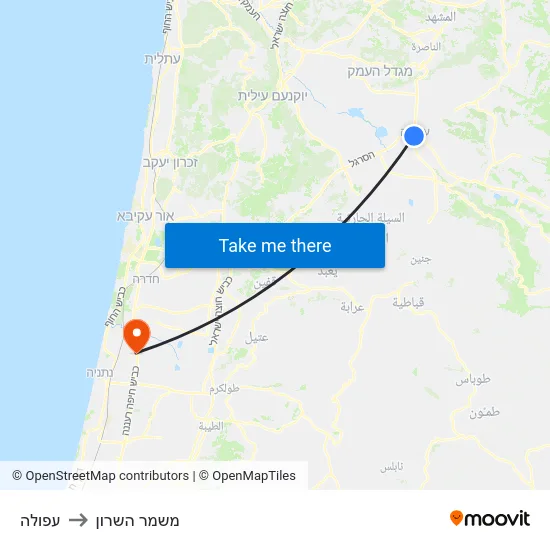 עפולה to משמר השרון map