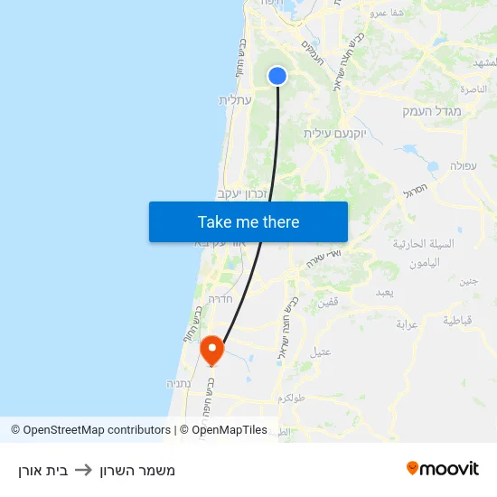 בית אורן to משמר השרון map