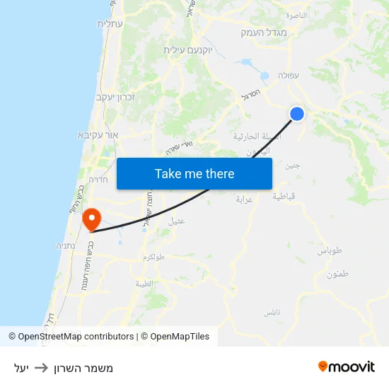 יעל to משמר השרון map