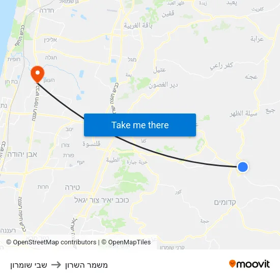 שבי שומרון to משמר השרון map