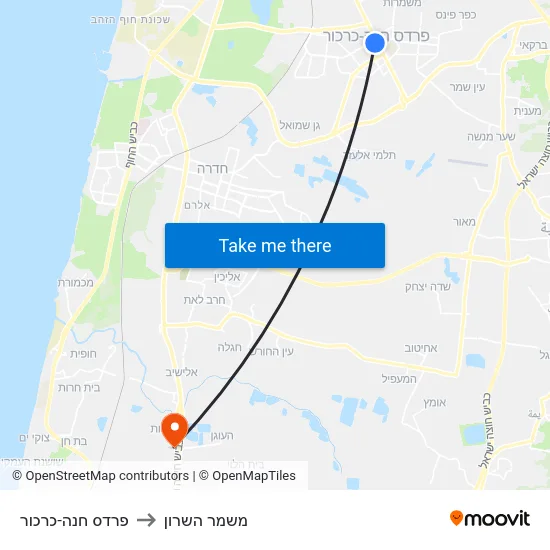 פרדס חנה-כרכור to משמר השרון map
