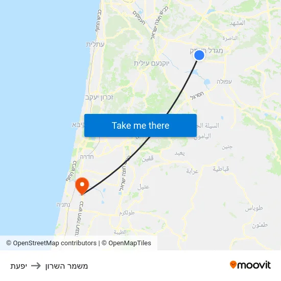 יפעת to משמר השרון map
