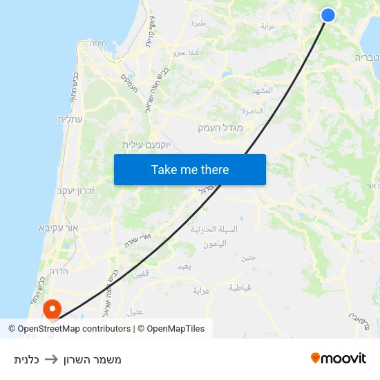 כלנית to משמר השרון map