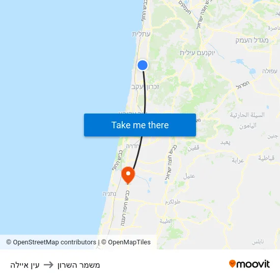 עין איילה to משמר השרון map