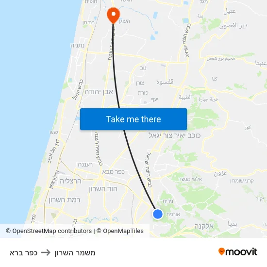 כפר ברא to משמר השרון map