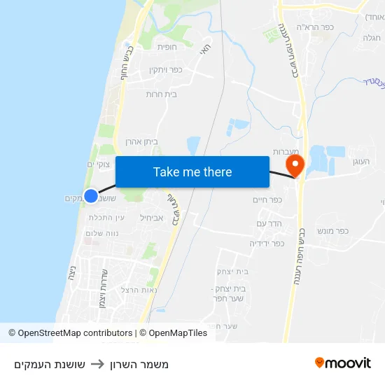 שושנת העמקים to משמר השרון map
