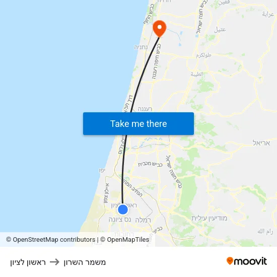 ראשון לציון to משמר השרון map