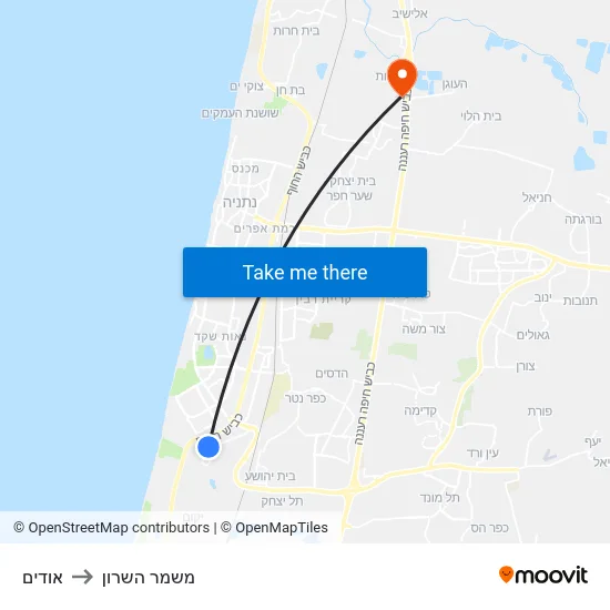 אודים to משמר השרון map