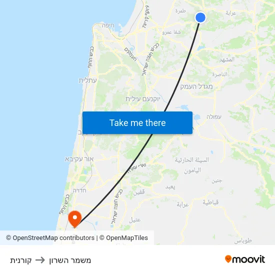 קורנית to משמר השרון map