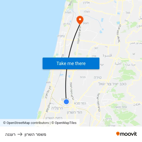 רעננה to משמר השרון map