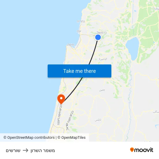 שורשים to משמר השרון map
