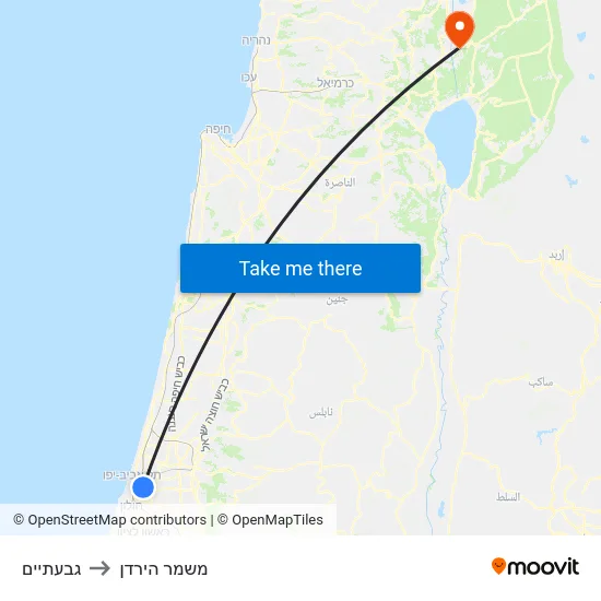 גבעתיים to משמר הירדן map