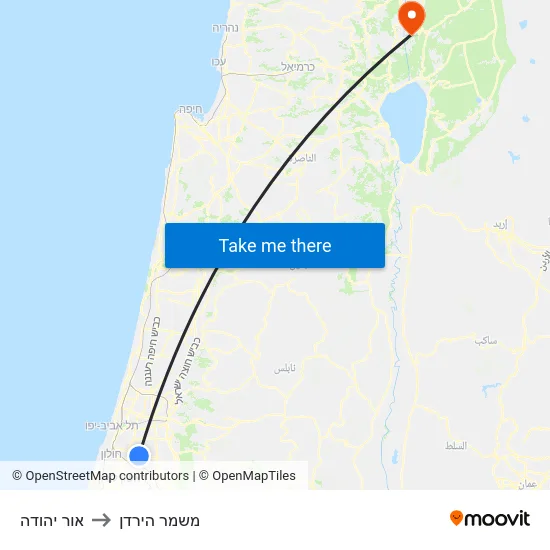 אור יהודה to משמר הירדן map