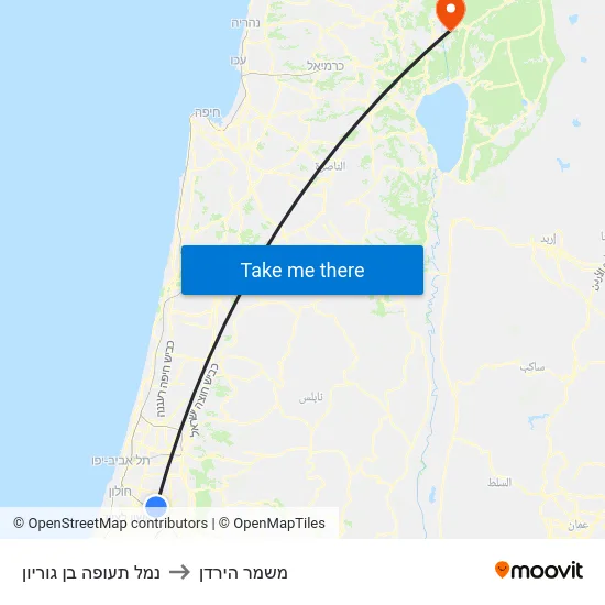 נמל תעופה בן גוריון to משמר הירדן map