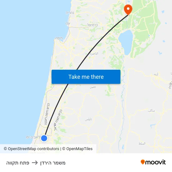 פתח תקווה to משמר הירדן map