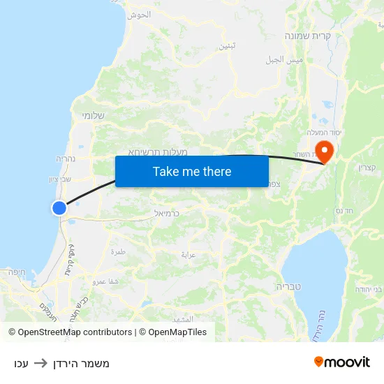עכו to משמר הירדן map
