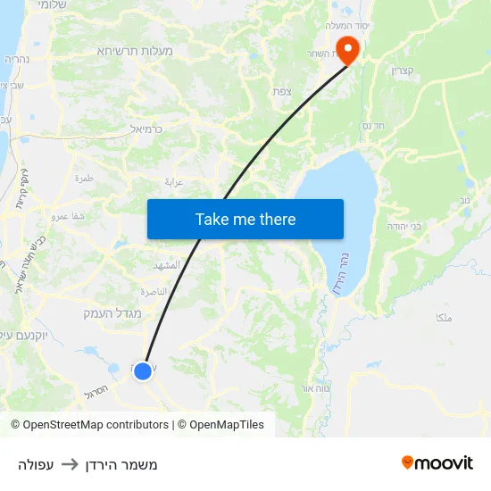 עפולה to משמר הירדן map