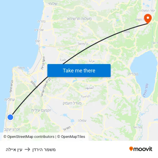 עין איילה to משמר הירדן map