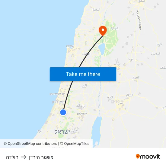 חולדה to משמר הירדן map
