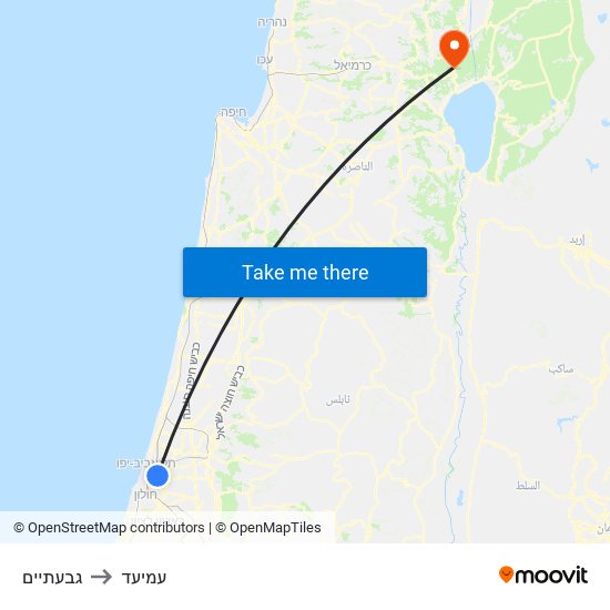 גבעתיים to עמיעד map