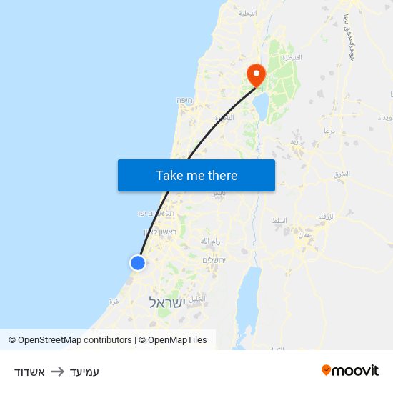 אשדוד to עמיעד map