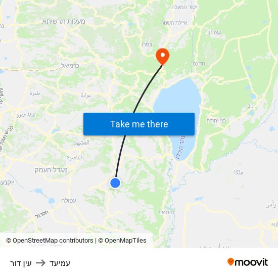 עין דור to עמיעד map