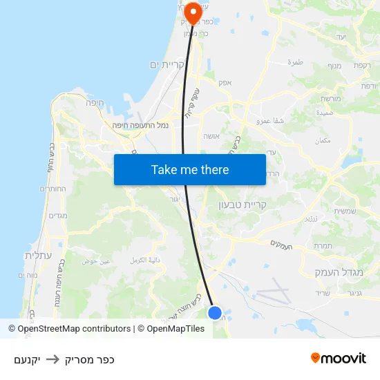 יקנעם to כפר מסריק map