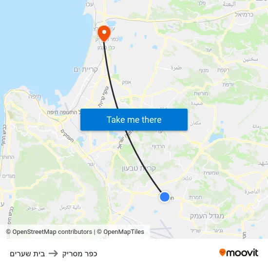 בית שערים to כפר מסריק map