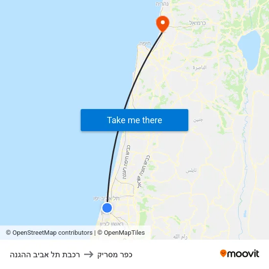 רכבת תל אביב ההגנה to כפר מסריק map