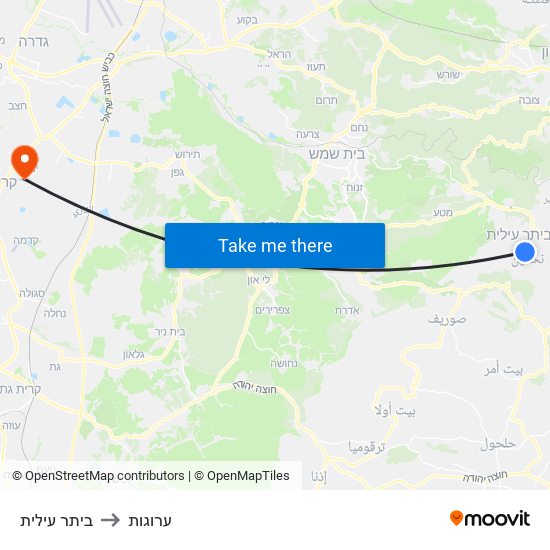 ביתר עילית to ערוגות map