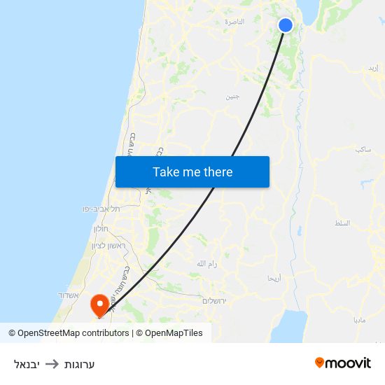 יבנאל to ערוגות map