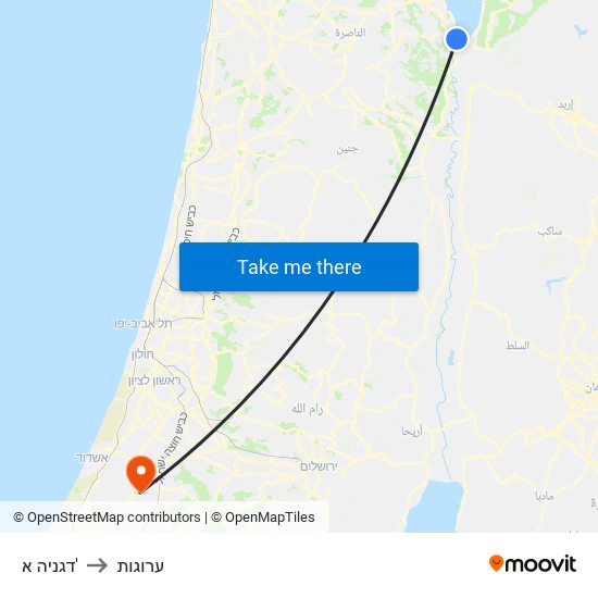 דגניה א' to ערוגות map