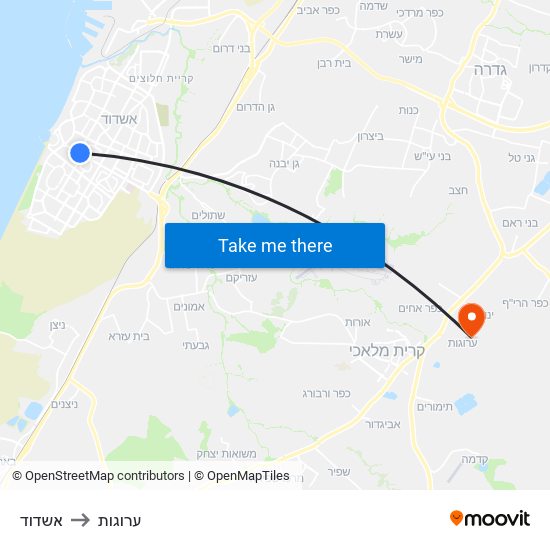 אשדוד to ערוגות map