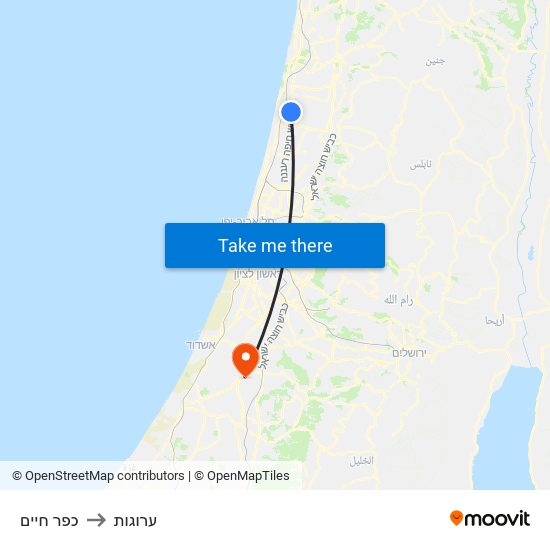 כפר חיים to ערוגות map