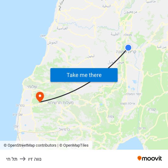 תל חי to נווה זיו map