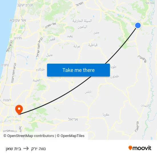 בית שאן to נווה ירק map