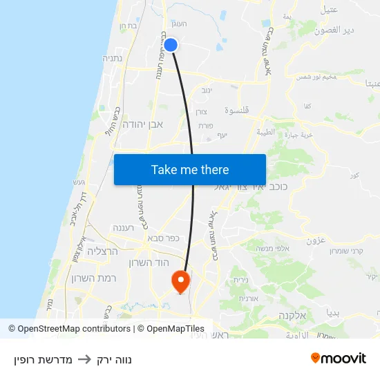 מדרשת רופין to נווה ירק map