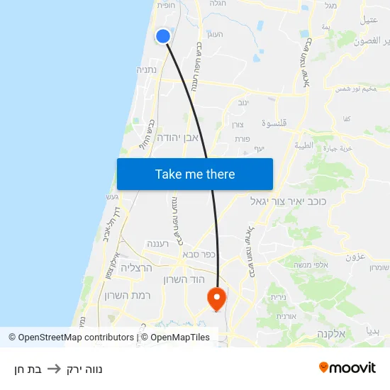 בת חן to נווה ירק map