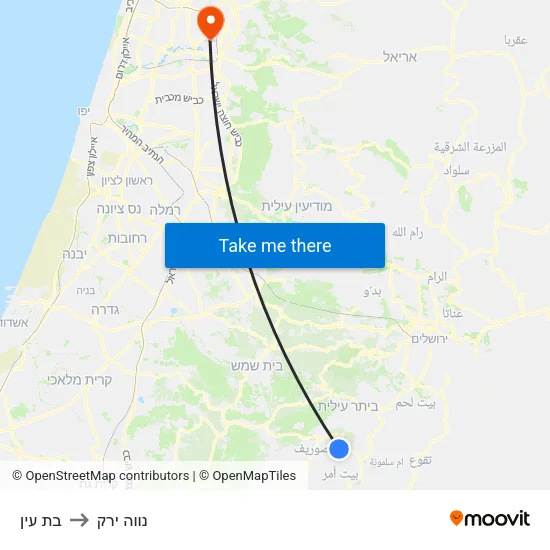 בת עין to נווה ירק map