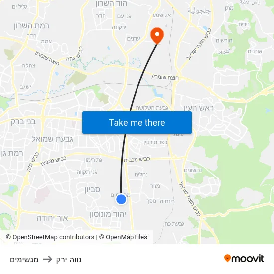 מגשימים to נווה ירק map