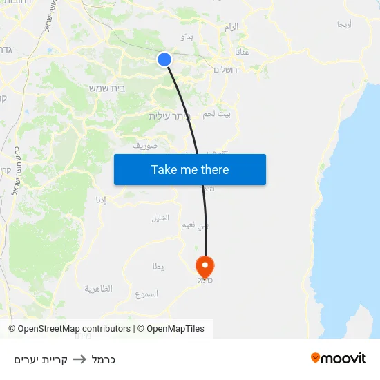 קריית יערים to כרמל map