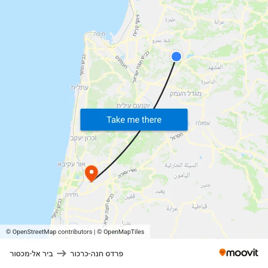 ביר אל-מכסור to פרדס חנה-כרכור map