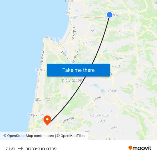 בענה to פרדס חנה-כרכור map