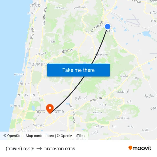 יקנעם (מושבה) to פרדס חנה-כרכור map