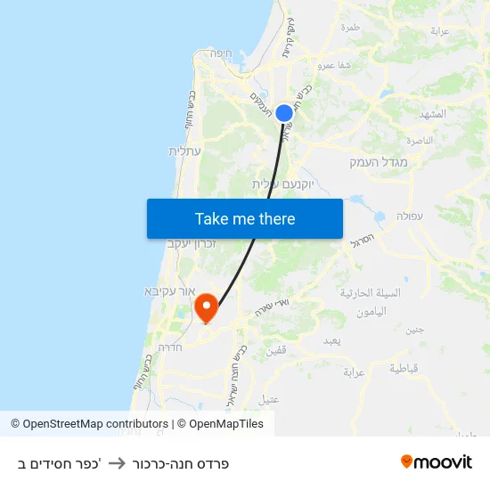 כפר חסידים ב' to פרדס חנה-כרכור map