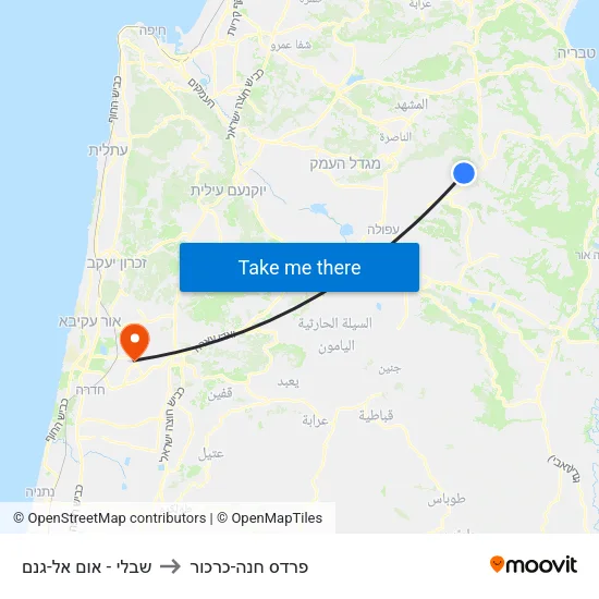 שבלי - אום אל-גנם to פרדס חנה-כרכור map