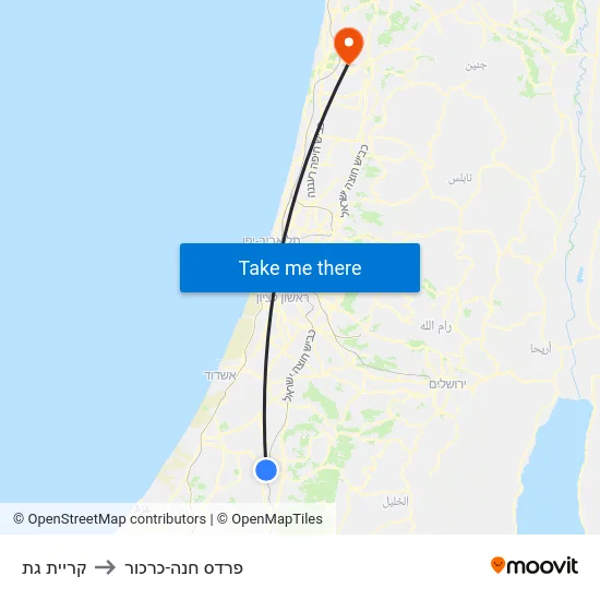 קריית גת to פרדס חנה-כרכור map